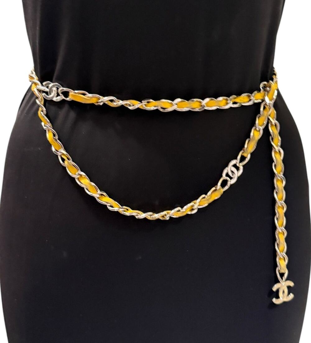 Chanel Yellow Lambskin Leather CC Silver Toned Hardware Chain Belt